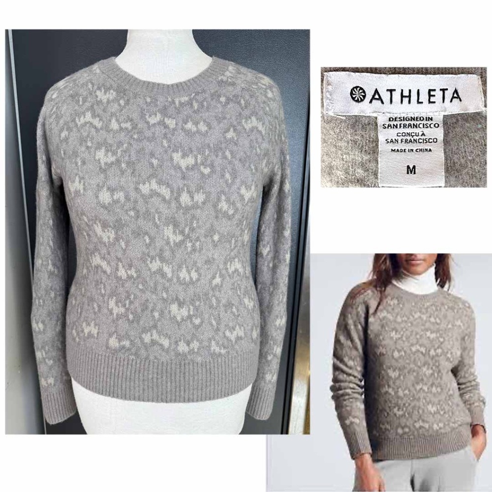 ATHLETA Women Medium Tonal Gray Animal Print Textured Crew Sweater HAWTHORN EUC